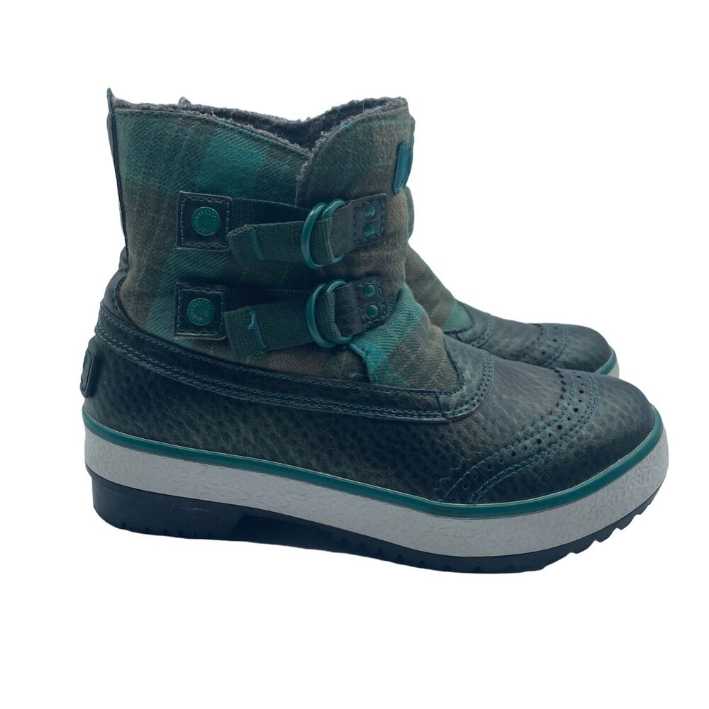 UGG Marais Waterproof Ankle Boot Green Plaid Straps Lined Womens Size 5